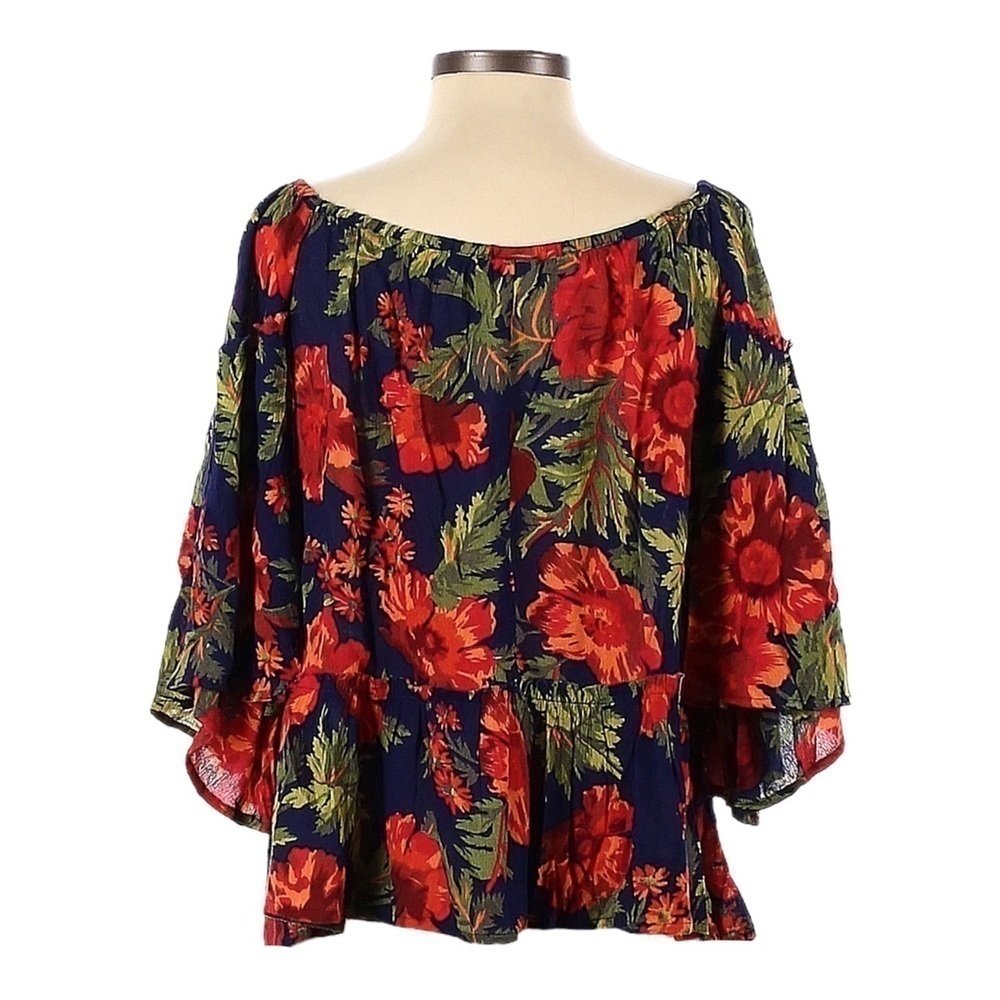 🌺 Sun & Shadow Boho Navy Blue Oversized Flowy Floral Blouse Size S - Picture 2 of 8